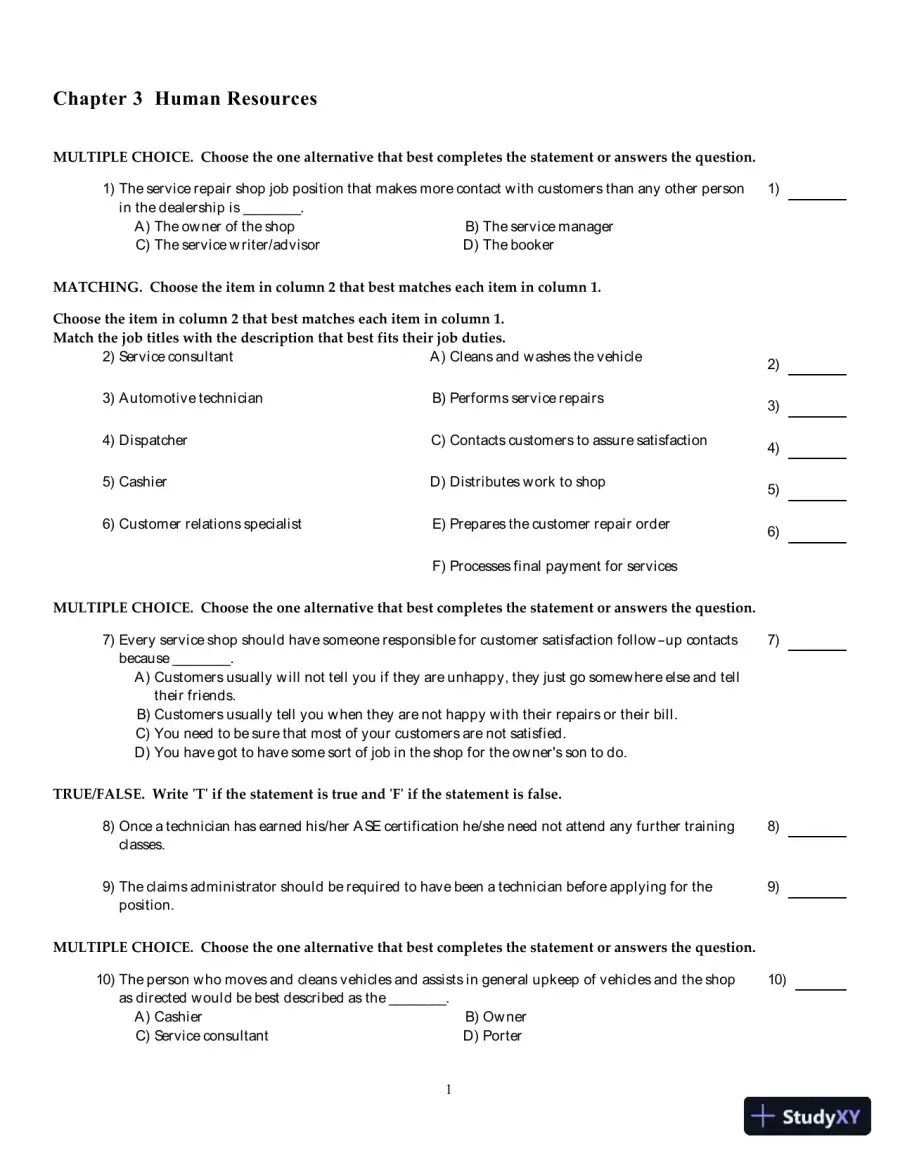 Test Bank for Automotive Service Management, 3rd edition, page 7