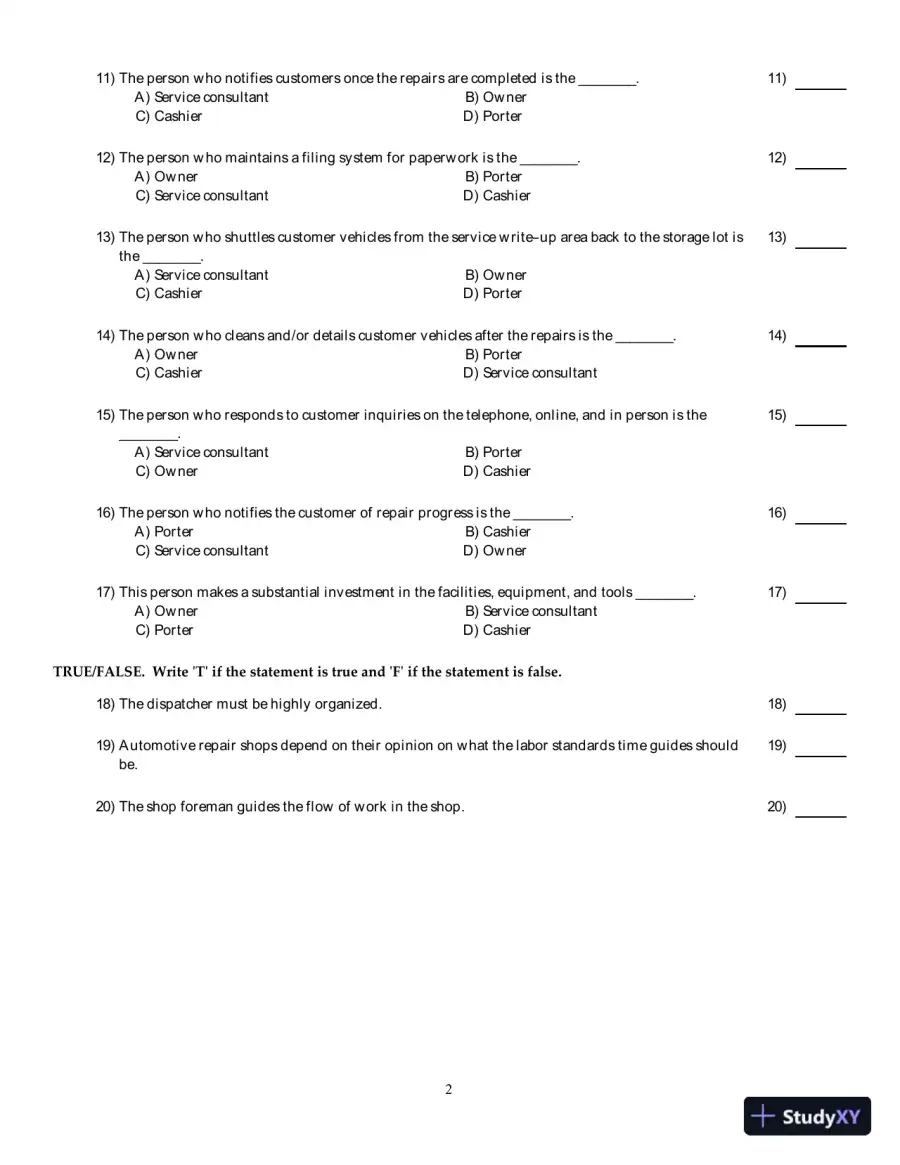 Test Bank for Automotive Service Management, 3rd edition, page 8