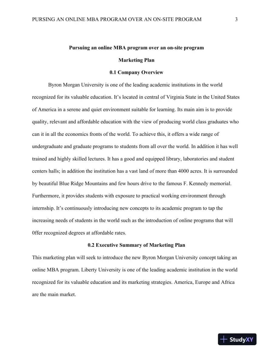 BUS620: Managerial Marketing : Pursing an online MBA program over an on-site program Byron Morgan University, page 4