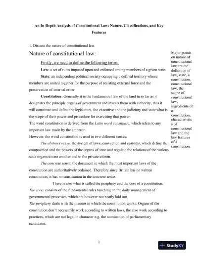 An In-Depth Analysis of Constitutional Law: Nature, Classifications, and Key Features - Page 1 preview image
