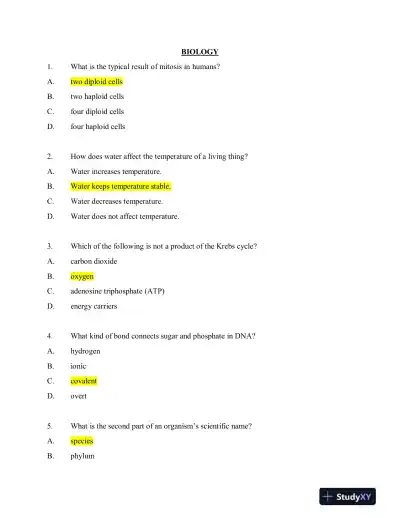 HESI Biology A2 Exam Version 1 With Answers (30 Solved Questions) - Page 1 preview image