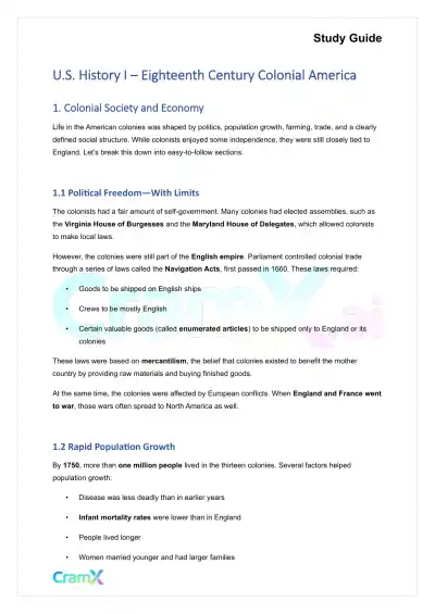 U.S. History I - Eighteenth Century Colonial America - Page 1 preview image