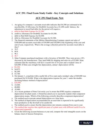 ACC 291: Final Exam Study Guide - Key Concepts and Solutions - Page 1 preview image