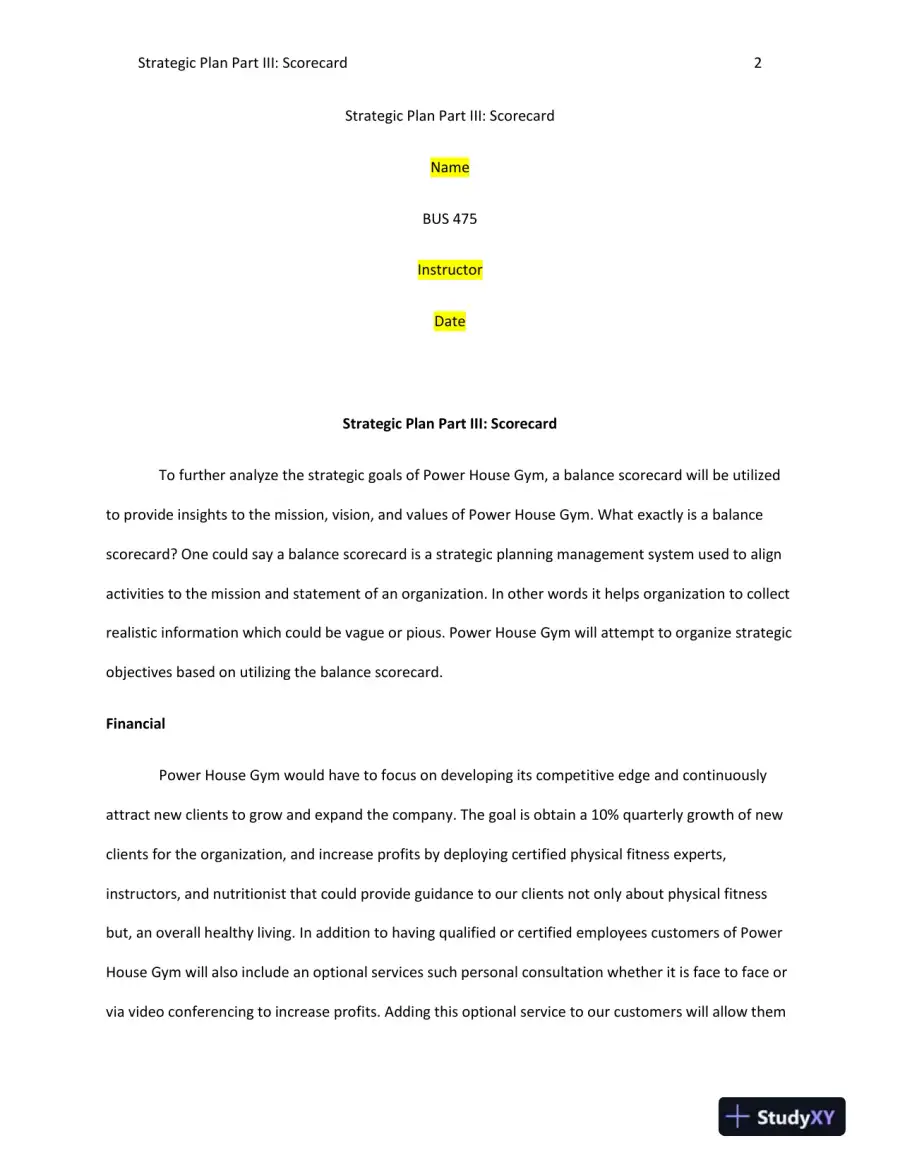 BUS 475 Strategic Plan and Balanced Scorecard for Power House Gym, page 3