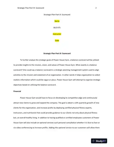 BUS 475 Strategic Plan and Balanced Scorecard for Power House Gym - Page 3 preview image