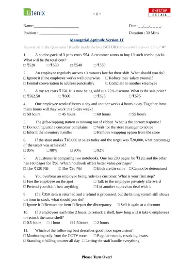 Onestop Managerial Aptitude Version 1T 1 - Page 1 preview image