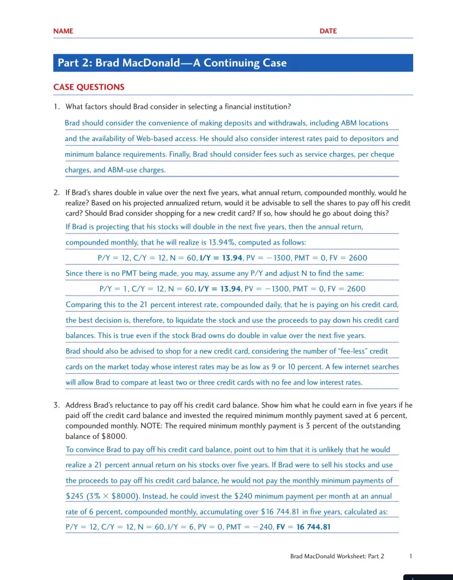 Personal Finance, Fourth Canadian Edition Solution Manual, page 11