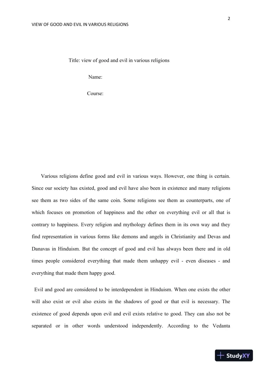 View of Good and Evil in Various Religions: Assignment 1 World View Chart Writing Assignment � World religions paper, page 3