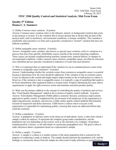 ITEC 3200 Quality Control and Statistical Analysis. Mid-Term Exam - Page 1 preview image