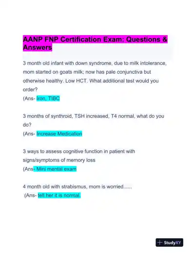 AANP Pediatrics FNP Certification Exam With Answers (236 Solved Questions) - Page 1 preview image