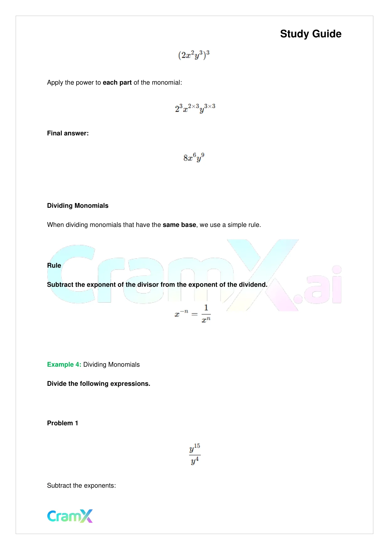 Algebra I – Monomials Polynomials and Factoring - Page 10 preview image