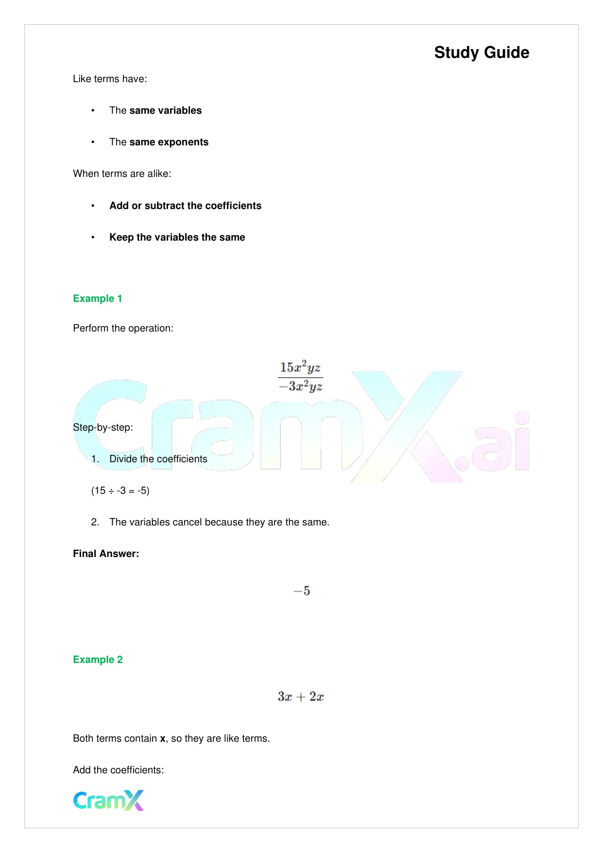 Algebra I – Monomials Polynomials and Factoring - Page 2 preview image