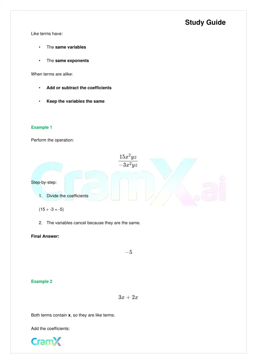 Algebra I – Monomials Polynomials and Factoring, page 2