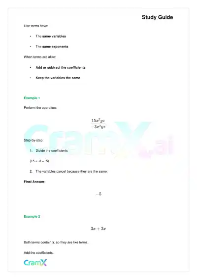 Algebra I – Monomials Polynomials and Factoring - Page 2 preview image