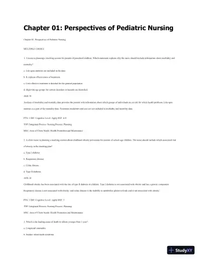 Test Bank For Wong's Essentials Of Pediatric Nursing, 9th Edition - Page 1 preview image