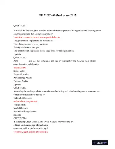 NU MGT400 Final Exam 2015 - Page 1 preview image