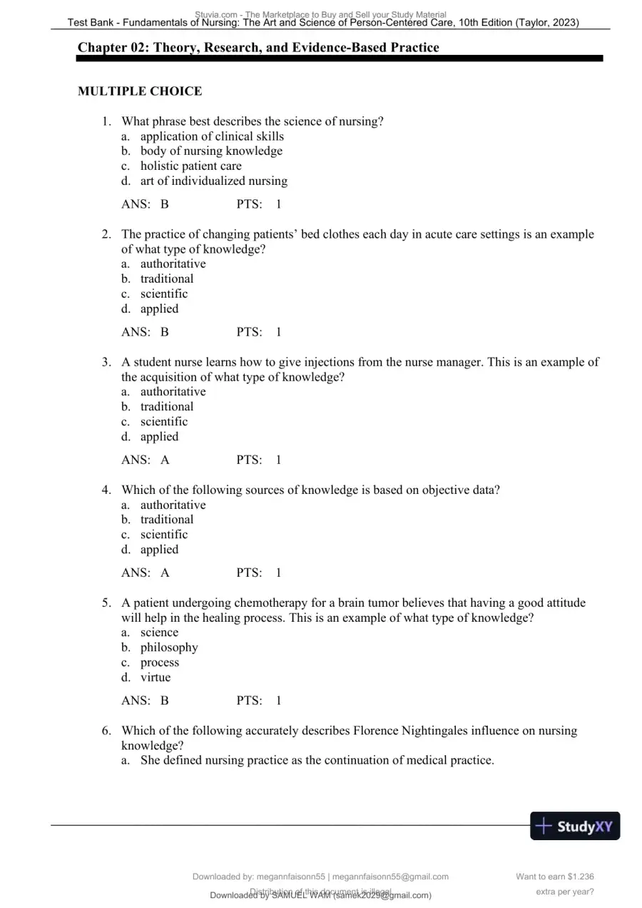 Test Bank for Fundamentals of Nursing: The Art and Science of Person-Centered Care, 10th North American Edition (Chapters 1-47), page 11