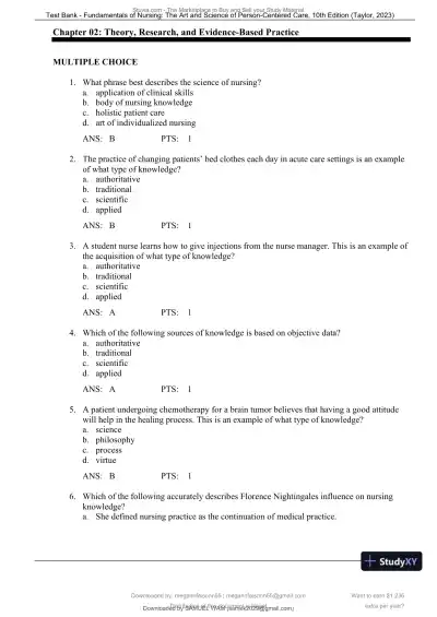 Test Bank for Fundamentals of Nursing: The Art and Science of Person-Centered Care, 10th North American Edition (Chapters 1-47) - Page 11 preview image