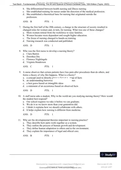 Test Bank for Fundamentals of Nursing: The Art and Science of Person-Centered Care, 10th North American Edition (Chapters 1-47) - Page 12 preview image