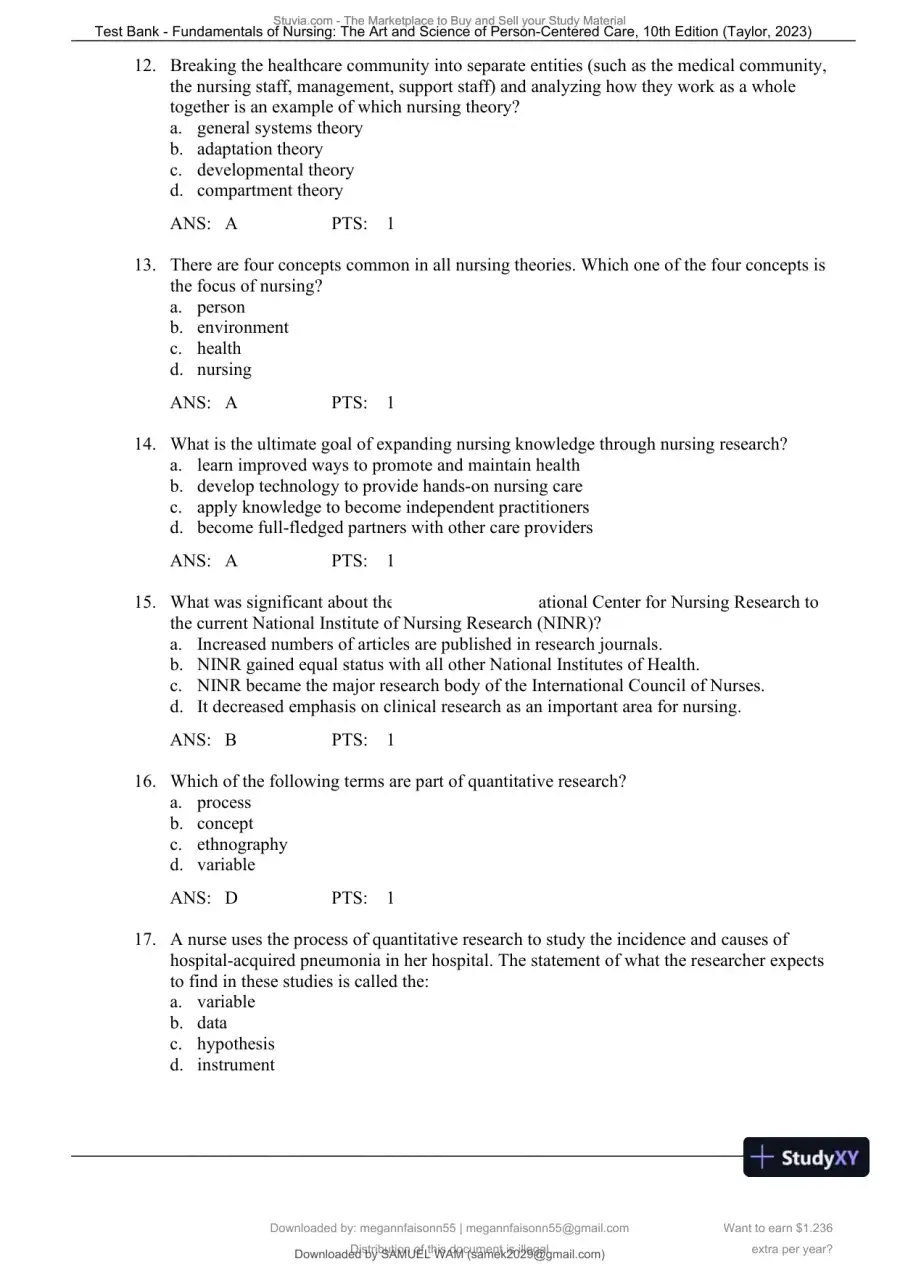 Test Bank for Fundamentals of Nursing: The Art and Science of Person-Centered Care, 10th North American Edition (Chapters 1-47), page 13