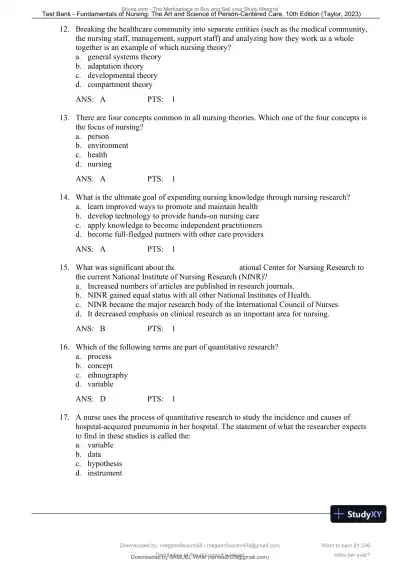 Test Bank for Fundamentals of Nursing: The Art and Science of Person-Centered Care, 10th North American Edition (Chapters 1-47) - Page 13 preview image