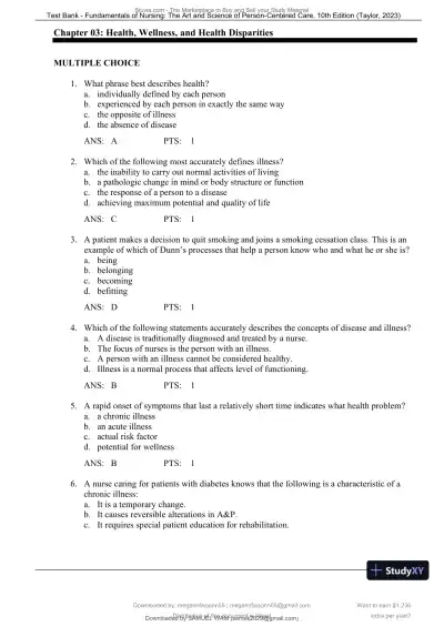 Test Bank for Fundamentals of Nursing: The Art and Science of Person-Centered Care, 10th North American Edition (Chapters 1-47) - Page 16 preview image