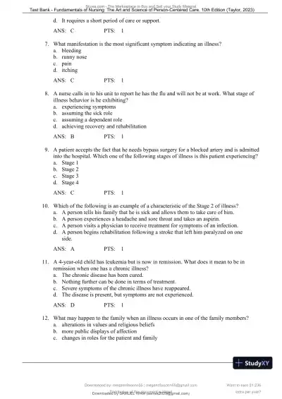 Test Bank for Fundamentals of Nursing: The Art and Science of Person-Centered Care, 10th North American Edition (Chapters 1-47) - Page 17 preview image