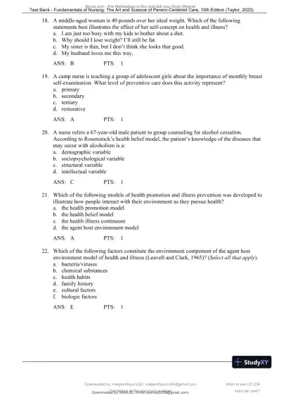 Test Bank for Fundamentals of Nursing: The Art and Science of Person-Centered Care, 10th North American Edition (Chapters 1-47) - Page 19 preview image