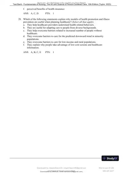 Test Bank for Fundamentals of Nursing: The Art and Science of Person-Centered Care, 10th North American Edition (Chapters 1-47) - Page 21 preview image