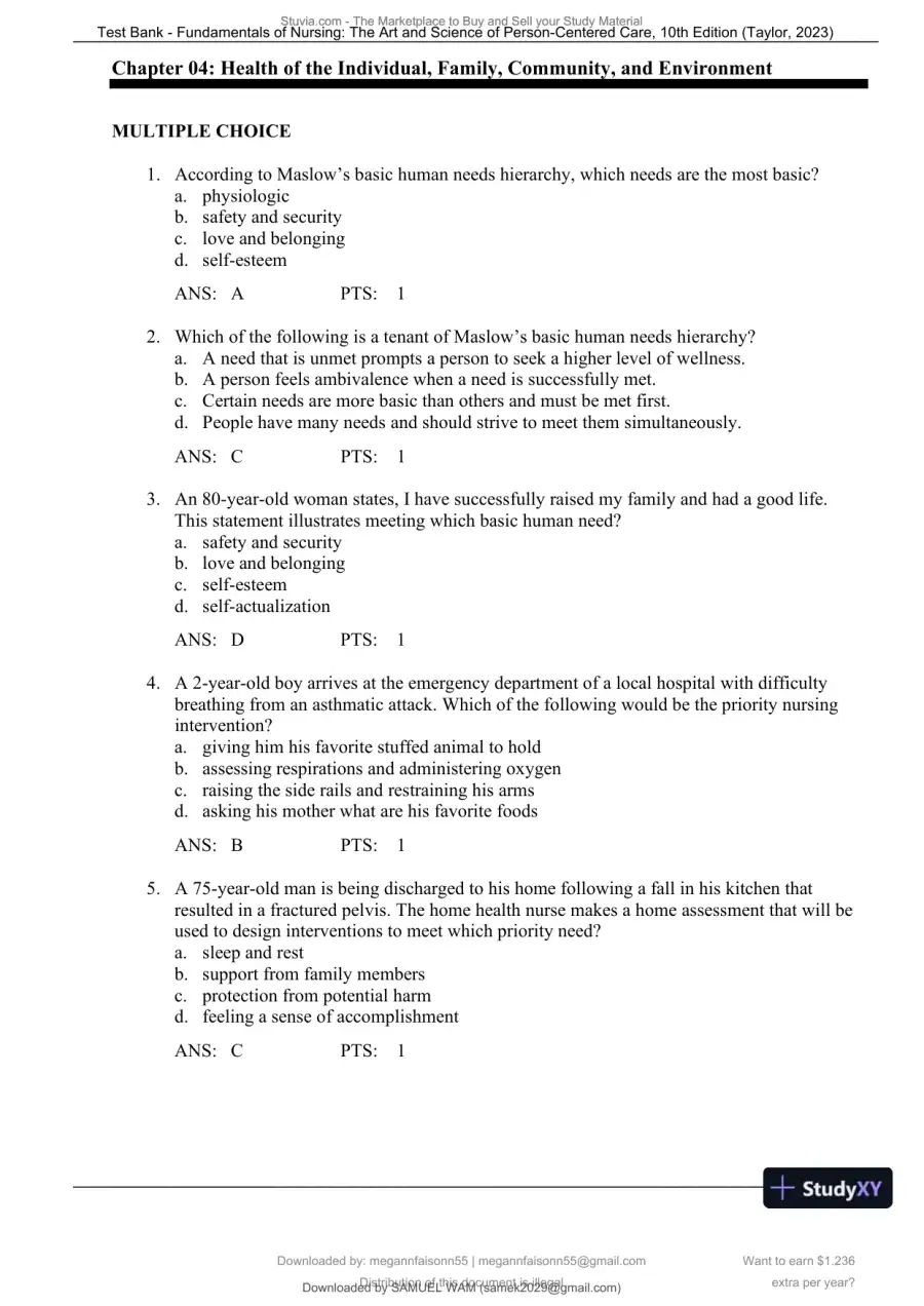 Test Bank for Fundamentals of Nursing: The Art and Science of Person-Centered Care, 10th North American Edition (Chapters 1-47), page 22