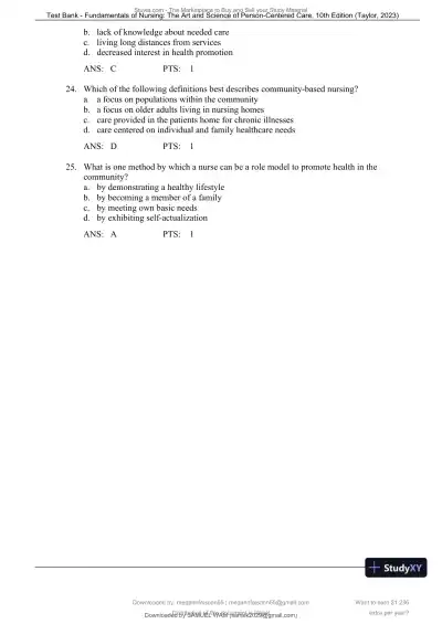 Test Bank for Fundamentals of Nursing: The Art and Science of Person-Centered Care, 10th North American Edition (Chapters 1-47) - Page 26 preview image