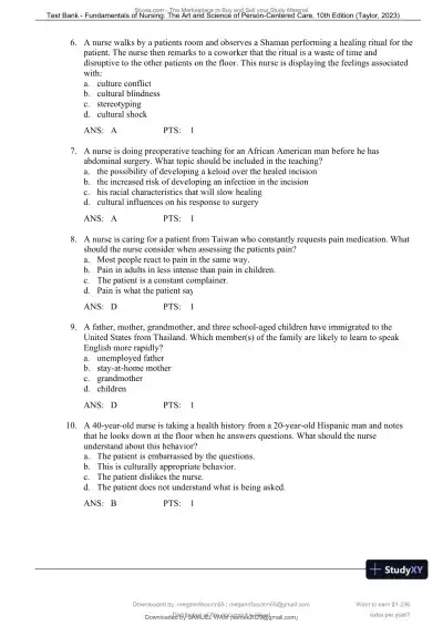 Test Bank for Fundamentals of Nursing: The Art and Science of Person-Centered Care, 10th North American Edition (Chapters 1-47) - Page 28 preview image
