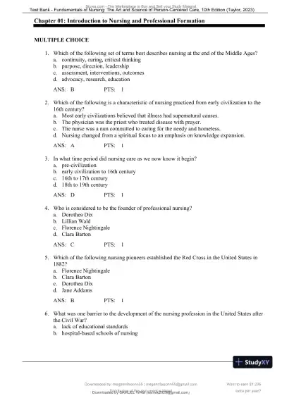 Test Bank for Fundamentals of Nursing: The Art and Science of Person-Centered Care, 10th North American Edition (Chapters 1-47) - Page 5 preview image