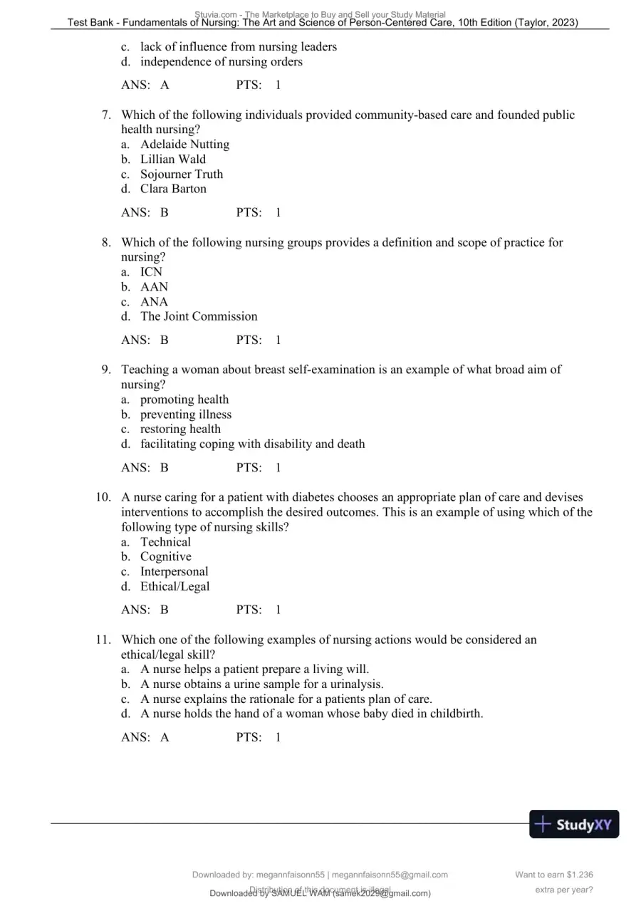 Test Bank for Fundamentals of Nursing: The Art and Science of Person-Centered Care, 10th North American Edition (Chapters 1-47), page 6