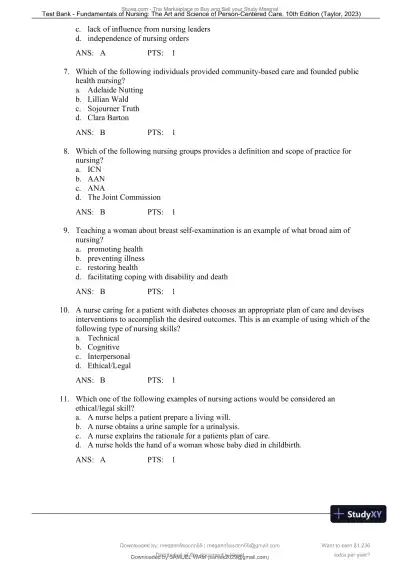 Test Bank for Fundamentals of Nursing: The Art and Science of Person-Centered Care, 10th North American Edition (Chapters 1-47) - Page 6 preview image
