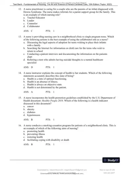 Test Bank for Fundamentals of Nursing: The Art and Science of Person-Centered Care, 10th North American Edition (Chapters 1-47) - Page 7 preview image