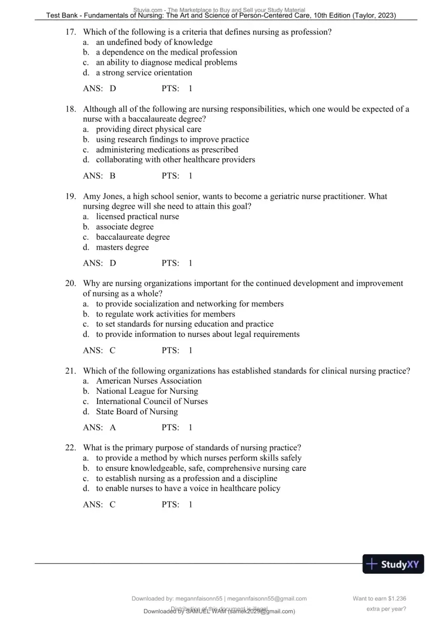 Test Bank for Fundamentals of Nursing: The Art and Science of Person-Centered Care, 10th North American Edition (Chapters 1-47), page 8