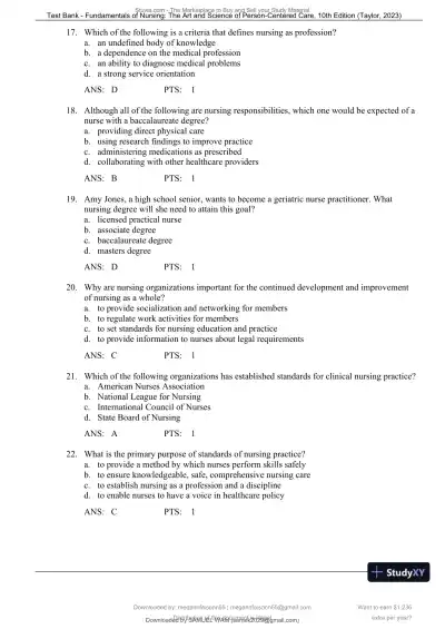 Test Bank for Fundamentals of Nursing: The Art and Science of Person-Centered Care, 10th North American Edition (Chapters 1-47) - Page 8 preview image