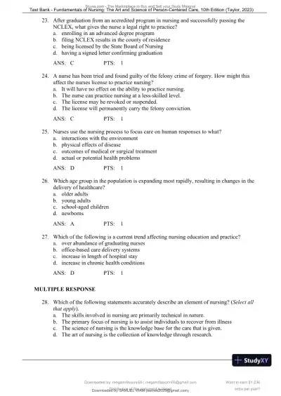 Test Bank for Fundamentals of Nursing: The Art and Science of Person-Centered Care, 10th North American Edition (Chapters 1-47) - Page 9 preview image