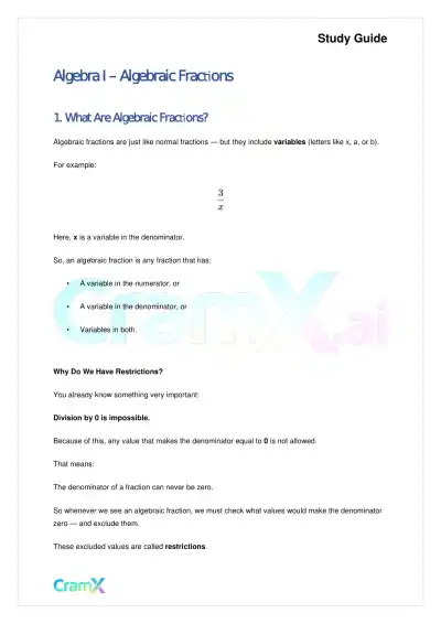 Algebra I – Algebraic Fractions - Page 1 preview image