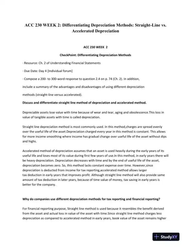 ACC 230 WEEK 2: Differentiating Depreciation Methods: Straight-Line vs. Accelerated Depreciation - Page 1 preview image