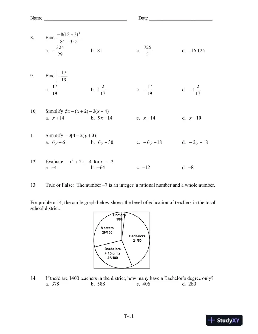 Test Bank for Introductory and Intermediate Algebra for College Students, 6th Edition, page 12