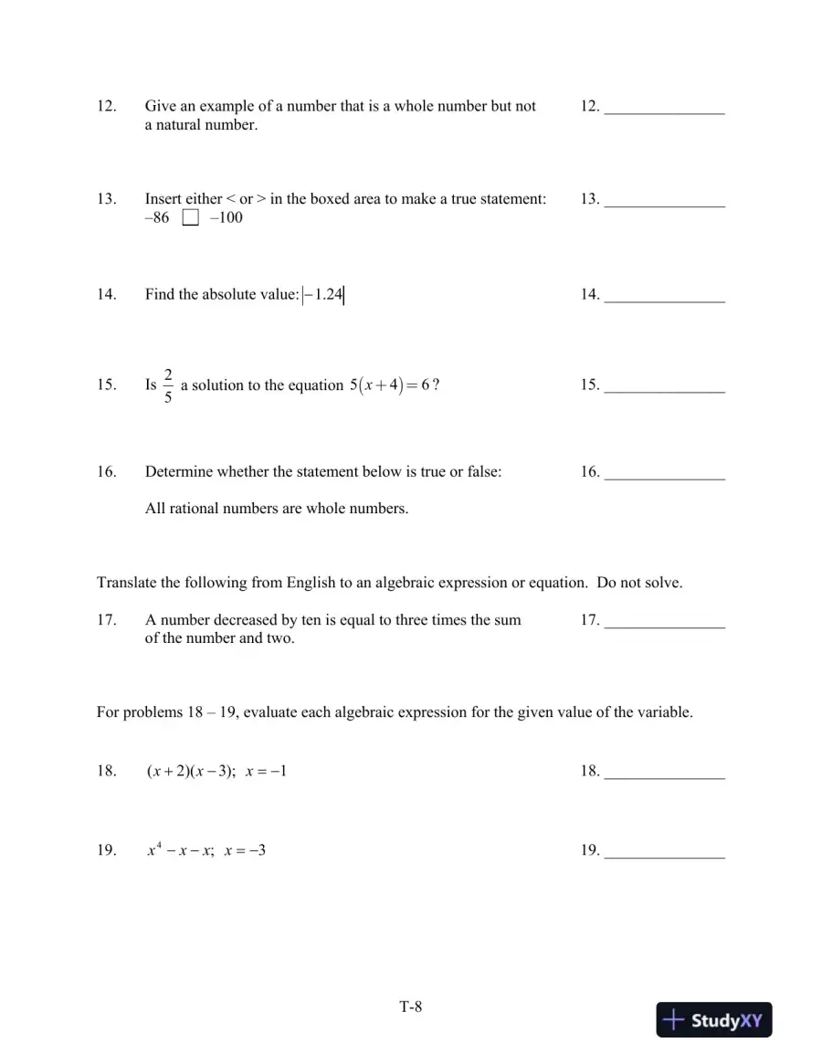 Test Bank for Introductory and Intermediate Algebra for College Students, 6th Edition, page 9