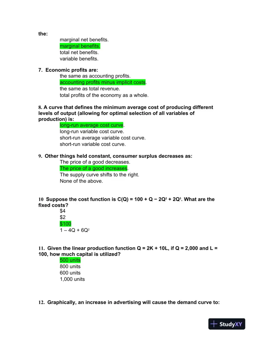 Economics and Managerial Decision-Making: A Comprehensive Quiz on Key Concepts, page 3