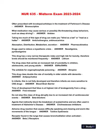 2023-2024 NUR635 Pharmacology Midterm Exam With Answers (122 Solved Questions) - Page 1 preview image