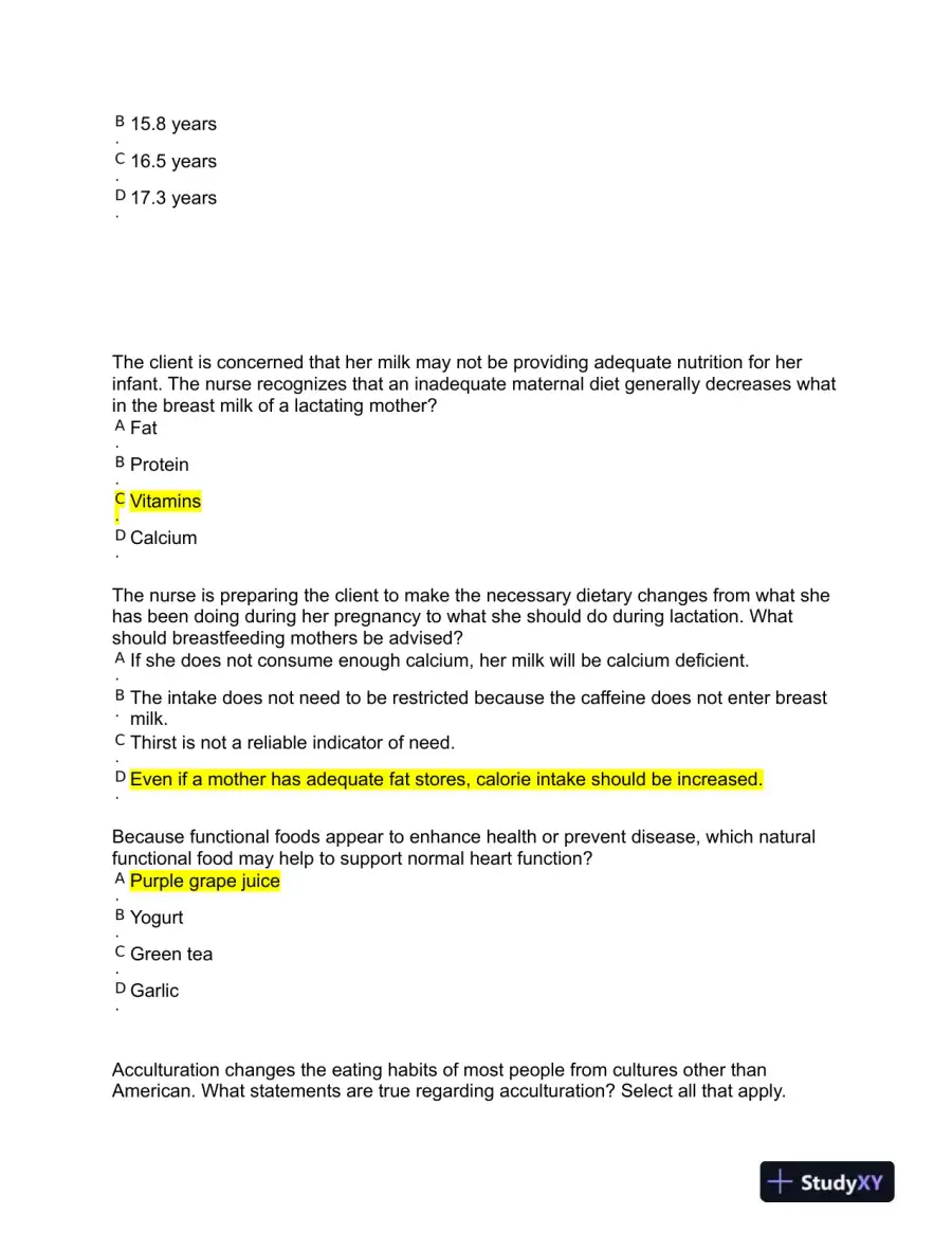 NURS225 West Coast University Nutrition Proctored Exam With Answers (74 Solved Questions), page 4