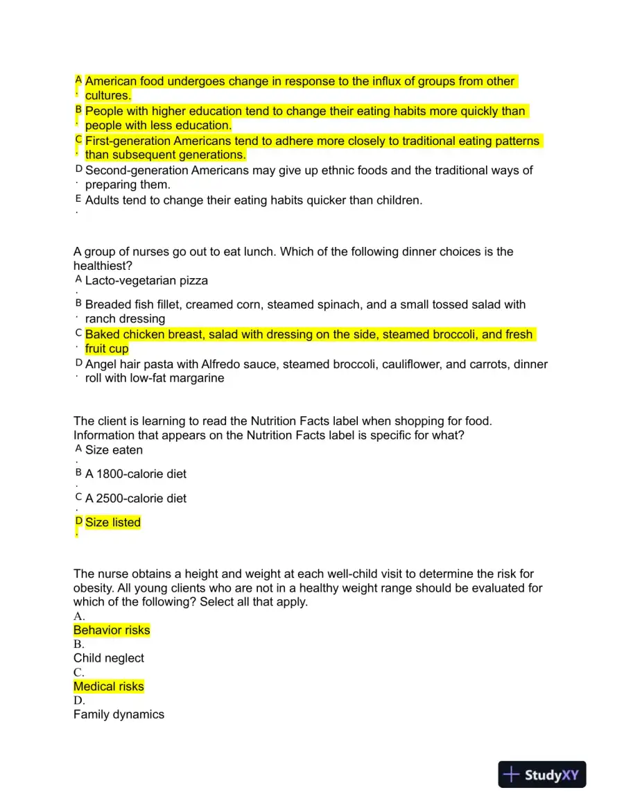 NURS225 West Coast University Nutrition Proctored Exam With Answers (74 Solved Questions), page 5