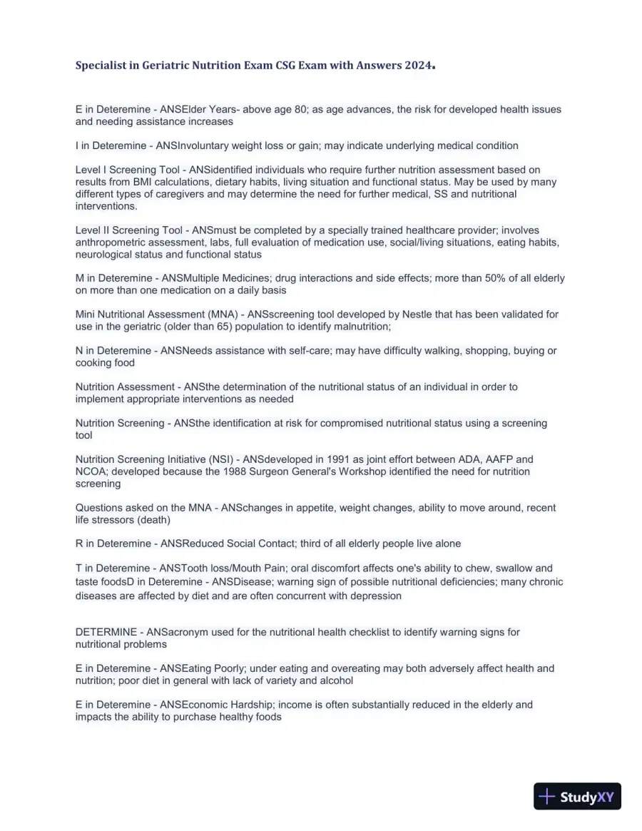 2024 Specialist in Geriatric Nutrition CSG Exam with Answers (1343 Solved Questions), page 10