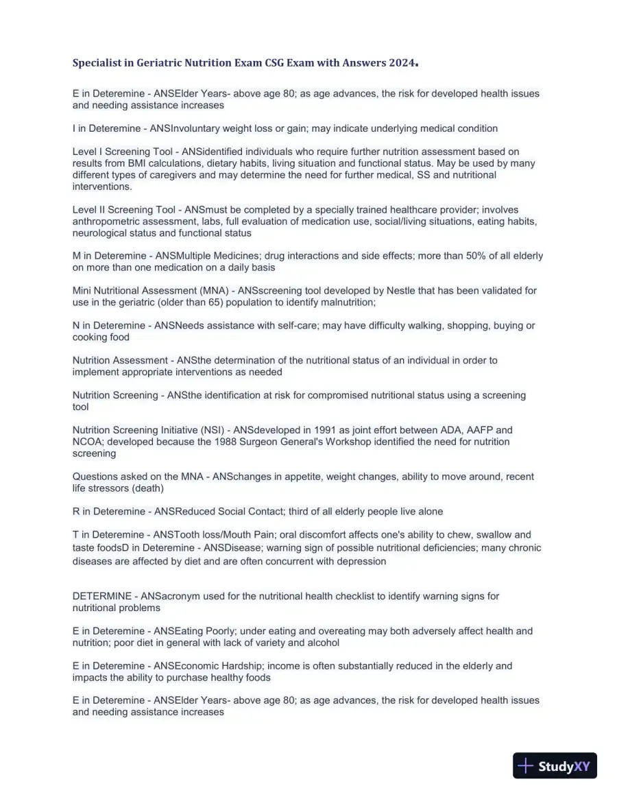 2024 Specialist in Geriatric Nutrition CSG Exam with Answers (1343 Solved Questions), page 11