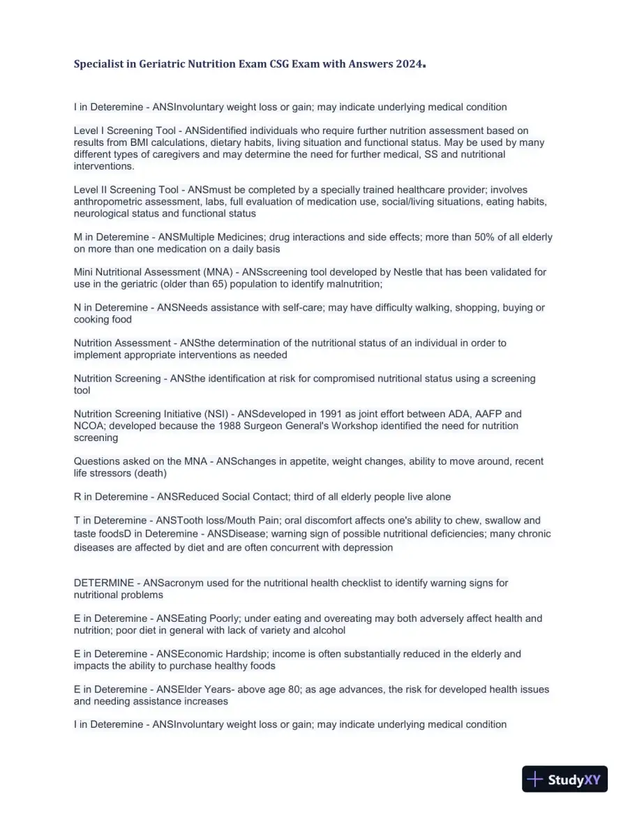 2024 Specialist in Geriatric Nutrition CSG Exam with Answers (1343 Solved Questions), page 12